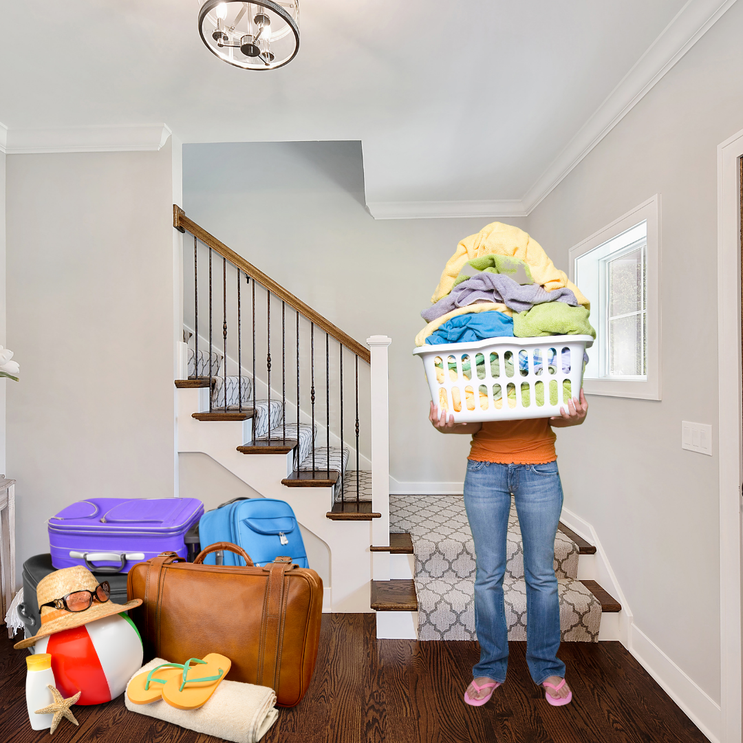 Woman doing laundry and packing for vacation